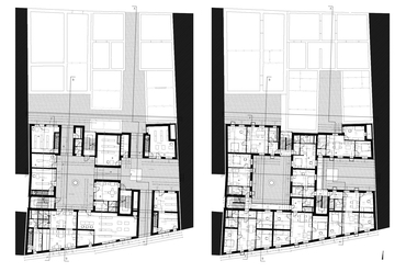 Társasház, Miskolc – alaprajz, földszint és 1. emelet – Terv: Peitl Péter / BME Építészmérnöki Kar Lakóépülettervezési Tanszék