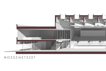 Hosszmetszet – Hajdúszoboszlói Multifunkcionális Rendezvénycsarnok – építész: Wéber József / Wéber Építésziroda