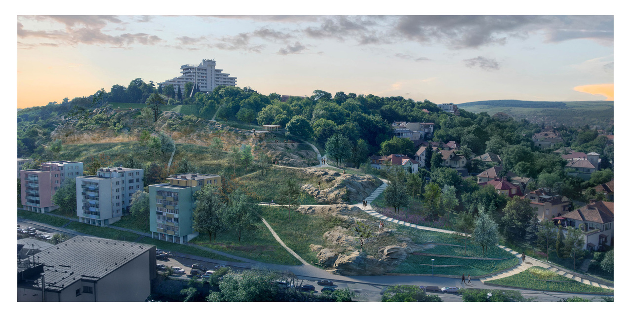 Fellegvár – Távlati kép az erődítmény és a Belvedere szálló látképével. Forrás: a Metapolis Architects BVBA, Atelier Mass és Ana Horhat pályázati terve