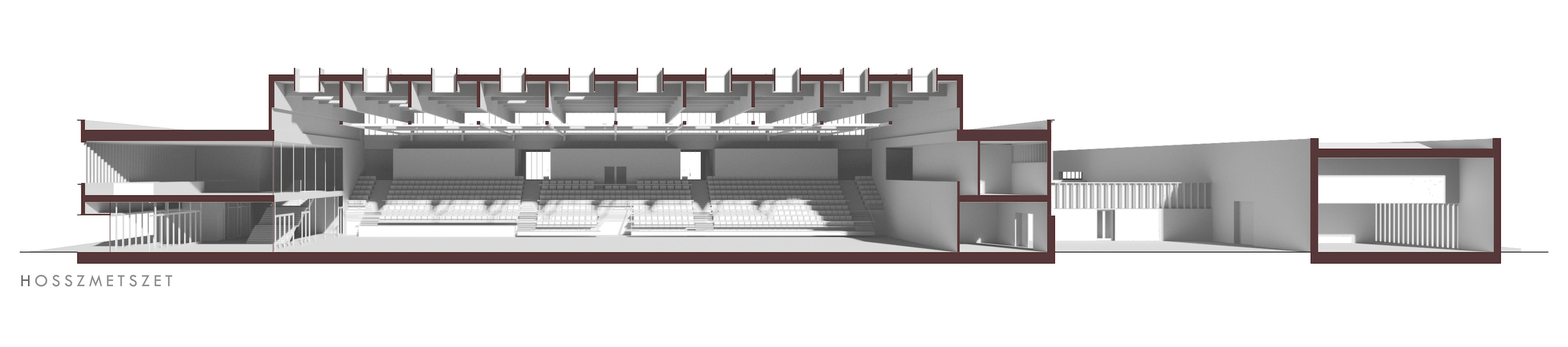 Hosszmetszet – Hajdúszoboszlói Multifunkcionális Rendezvénycsarnok – építész: Wéber József / Wéber Építésziroda