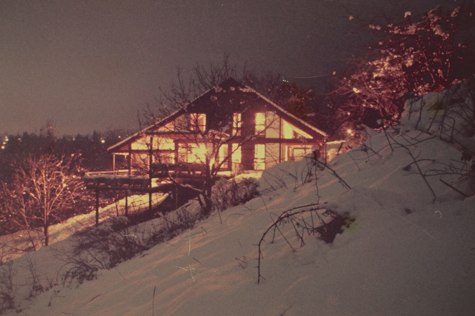 Családi ház a hegyoldalban, Lausanne környéke, Svájc, Guth Ferenc, 1979. A ház egy kétemeletes, 5x5 m-es vasbetonoszlopon nyugszik, melyre vasbetonlemez fekszik fel. Utóbbi alkotja a ház földszinti részét, e felett már minden faszerkezettel épült. 