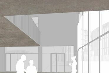 Az Egyheted Stúdió és a Zip Architects közös terve az MCC pályázatán. Kollégium, előtér