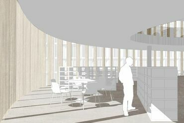 Az Egyheted Stúdió és a Zip Architects közös terve az MCC pályázatán. Könyvtár