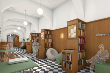 A könyvtár folyosójának látványterve, a képen jól láthatók a tervezett babzsákok - Ruszthy Sarolt és Bánszky Szabolcs
