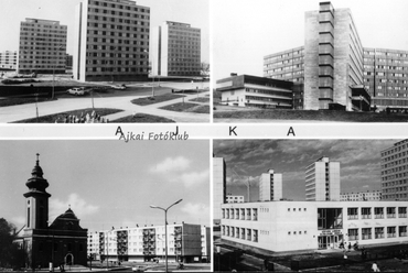 Ajkai képeslap a 70-es években – a régi és új épületek aránya híven tükrözi a korszak identitását / Ajkai Fotóklub, Bokkon Csaba gyűjteménye 