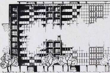 A Dunaparti lakótelepre kiírt pályázat II. díjas terve 1946-ból, tervező: Gádoros, Gerle, Málnai, Perczel, Perényi és Preisich (Tér és Forma, 1946/10., 120. o.)