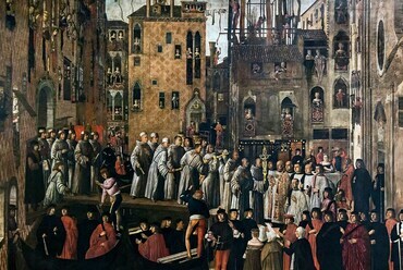 Giovanni Manusetti: A Szent Kereszt ereklyéjének csodája Campo San Lio-ban, c. 1494