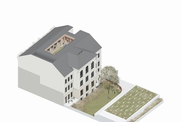 A Hetedik Műterem terve a Tranzit Ház Közösségi Tér és Képzési Központ Építészeti Tervpályázaton - axonometria