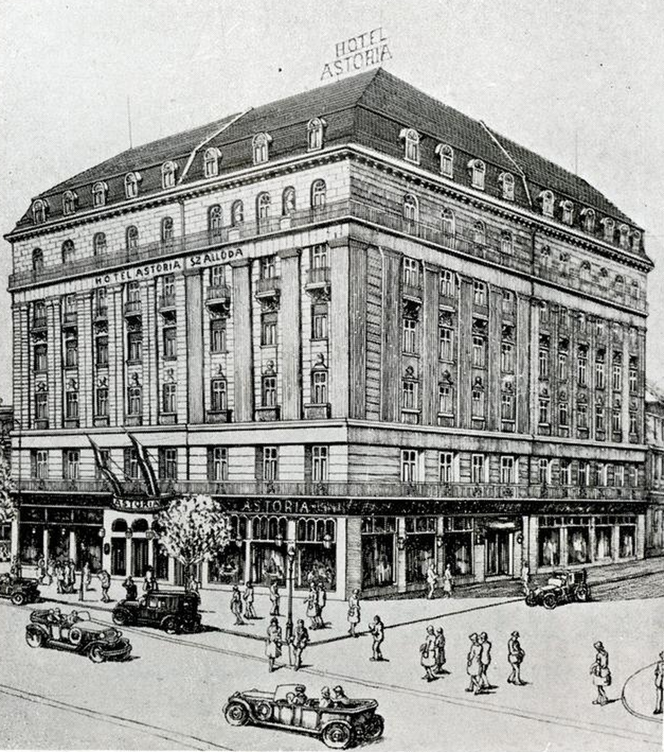Budapest, Astoria szálloda, 1929 körül, korabeli grafika, tervező: Hikisch Rezső és Ágoston Emil (FSZEK Budapest Gyűjtemény)