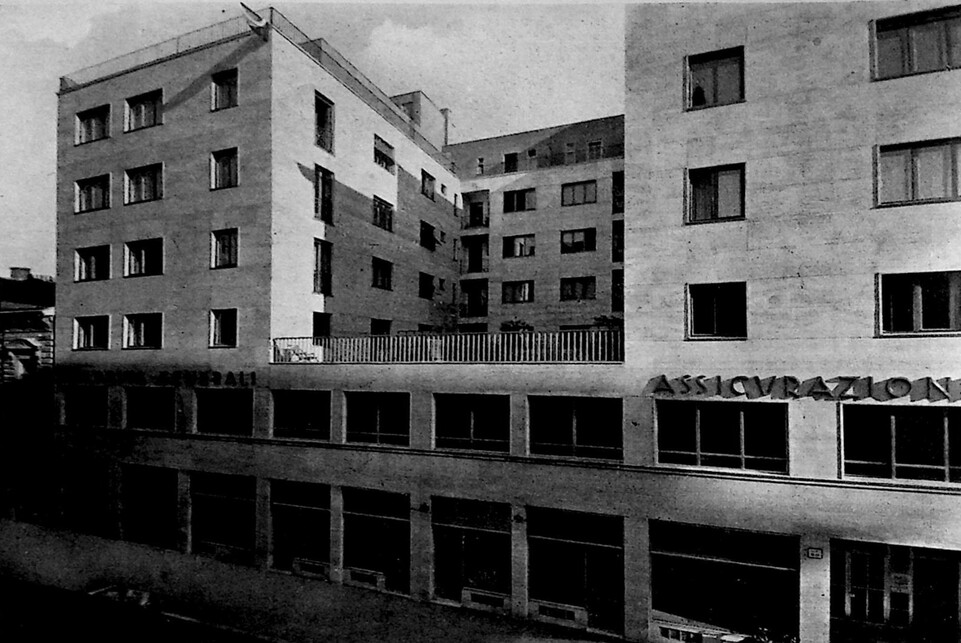  Az Assicurazione Generali és Moldavia Generali biztosító székház homlokzata archív felvételen, (forrás: De Sandalo, FORUM, 1936, Die Neubauten der Versicherungs-Gesellschaften „Assicurazioni Generali” und „Mol davia Generali” in Pressburg, 174. oldal)