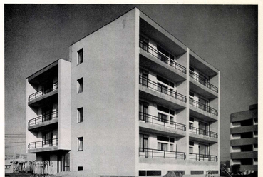 	A Mináry Olga által tervezett lakóház az Óbudai Kísérleti Lakótelepen. Forrás: Arcanum / Magyar Építőművészet 1961.