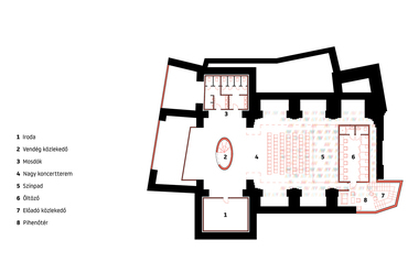 1. emelet alaprajz, A ReUse Italy pályázata a Grottole-ban található műemléki templomrom koncertteremmé alakítására, Tervező: Grafit Műterem