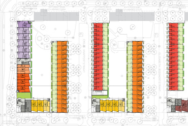 Az új épületek földszinti alaprajzai, a különböző lakástípusok eltérő színekkel jelölve. Építész: Steenhuis Bukman Architects