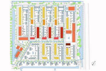 A Bomenwijk megújulásának helyszínrajza, a bontások-új épületek helye színnel kiemelve. Építész: Steenhuis Bukman Architecten