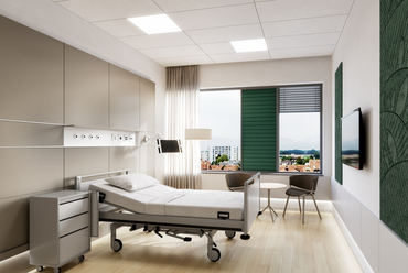 Yvedon-les-Bains város kórházának tervpályázata, a Healing Spaces iroda pályaműve, Látványtervek: Lars Visual