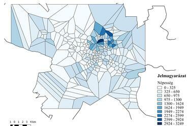 A népesség voronoi poligonos lehatárolása. Forrás: OSM adatbázis alapján saját szerkesztés