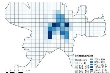 Egyes funkciók sűrűségének rácshálós ábrázolása. Forrás: OSM adatbázis alapján saját szerkesztés