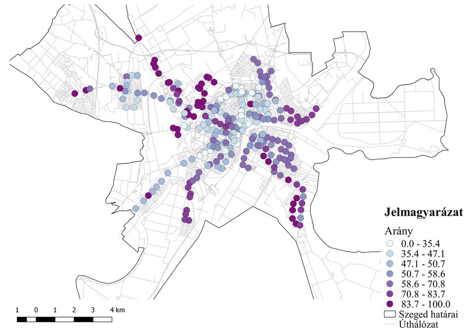 Az akadálymentesített és alacsonypadlós járat viszonyítottszázalékos aránya az összes járathoz.Forrás: OSM adatbázis alapján saját szerkesztés