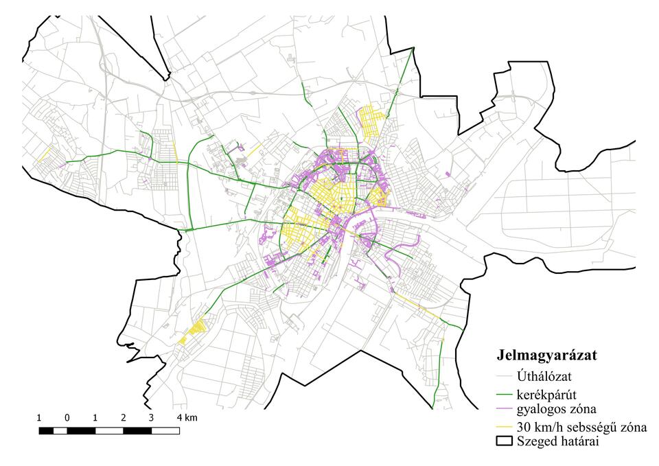 Szeged kerékpáros, gyalogos és 30 km/h sebességű úthálózata. Forrás: OSM adatbázis alapján saját szerkesztés