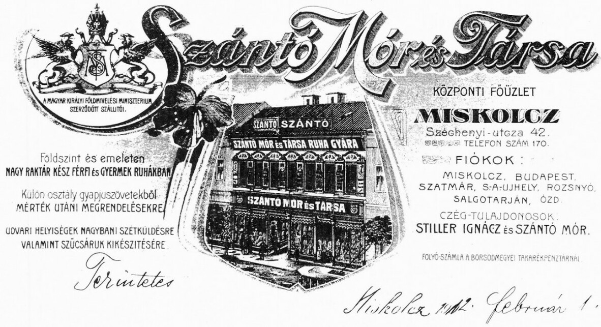 A Szántó Mór és Társa cég díszes levélpapírja, rajta az épület rajzával, 1912. Forrás: Wikipédia