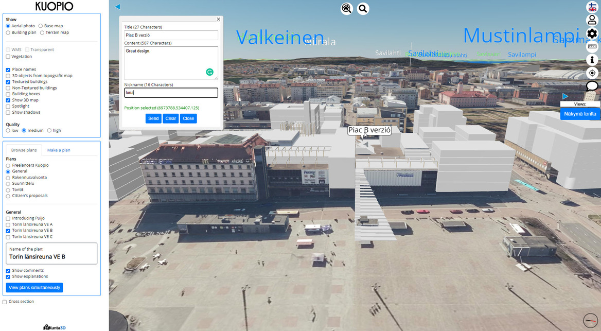 Finnország, Kuopio város digitális iker modellje. A piactérre történő fejlesztés három verzióját tekinthetjük meg a városmodellben, amihez kommentet is rendelhetünk. [2]