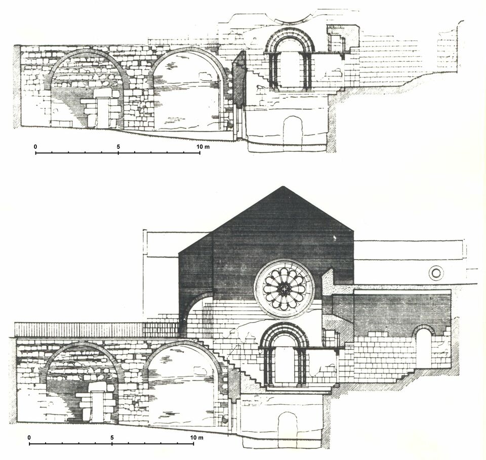 Az esztergomi királyi kápolna romjainak kiegészítése, Kép forrása: Nagy Emese, Az esztergomi királyi kápolna, doktori disszertáció, kézirat, 1986, 41.kép