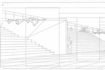 Lesüllyesztett kiállítótér, belső nézet - Reimholz Péter Mesteriskolás pályázata (1970) Nemzeti Szalon. forrás: Eredeti tervrajz, szkennelve