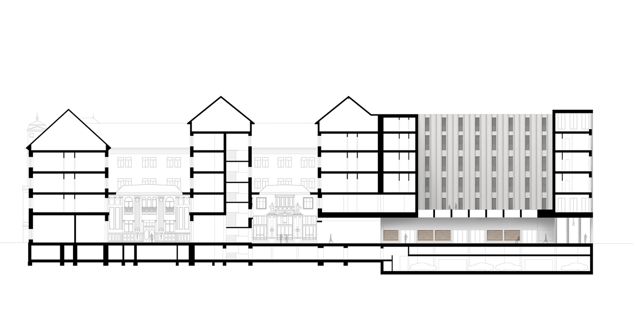 A debreceni Aranybika Szálló tervpályázatának PÉTERFFY + DŐRY architects által beadott munkája.