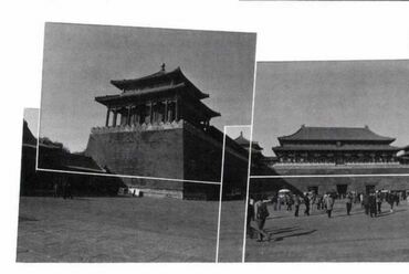 Tiltott város, Peking. Janesch Péter montázsa az útról készült beszámolóhoz (Magyar Építőművészet 1989/1-2. 87.)