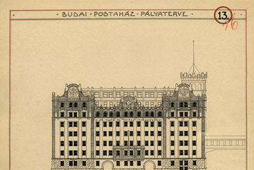 Sándy Gyula: Pályázati tervlap a budai postapalota épületére, 1923. Krisztina körúti homlokzat, Forrás: MÉM MDK