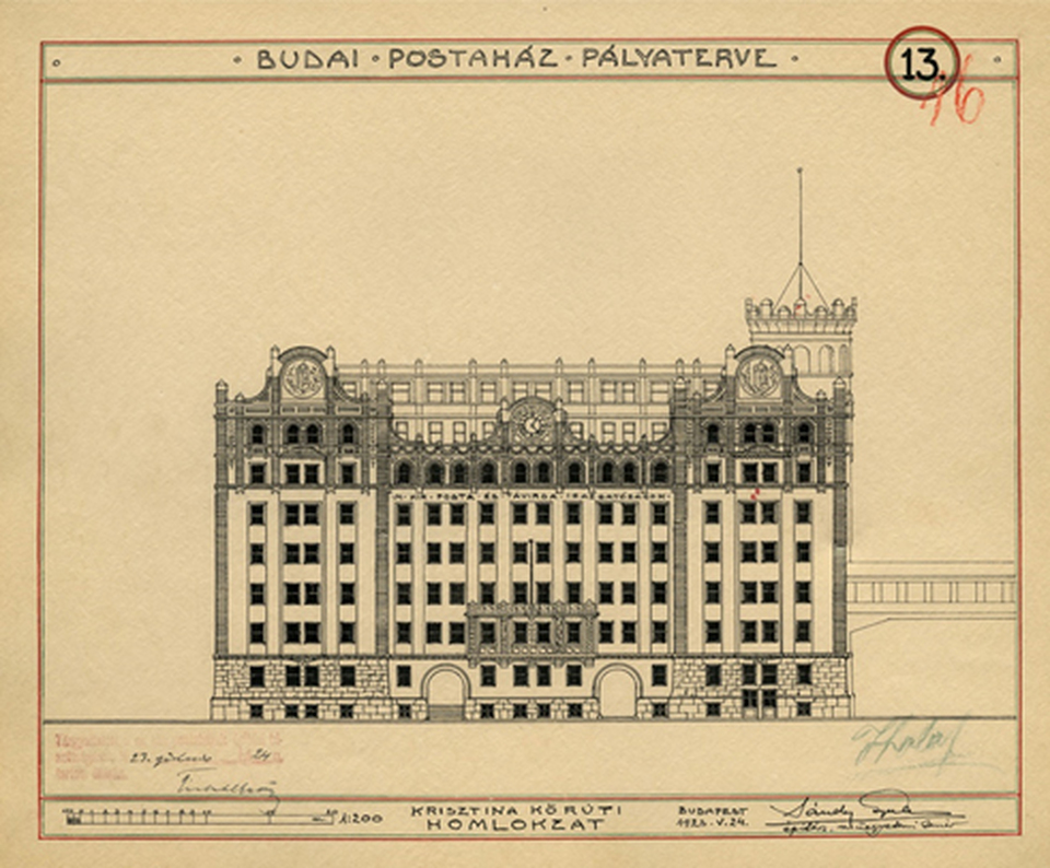 Sándy Gyula: Pályázati tervlap a budai postapalota épületére, 1923. Krisztina körúti homlokzat, Forrás: MÉM MDK