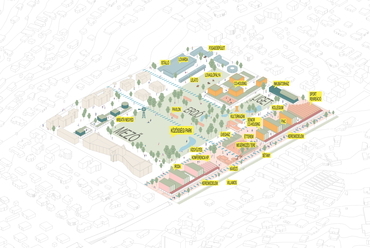 Az Akadémia Park tervpályázatának egyik megosztott első díjas terve, Zsuffa és Kalmár Építész Műterem, Újirány Tájépítész Kft., 2022.