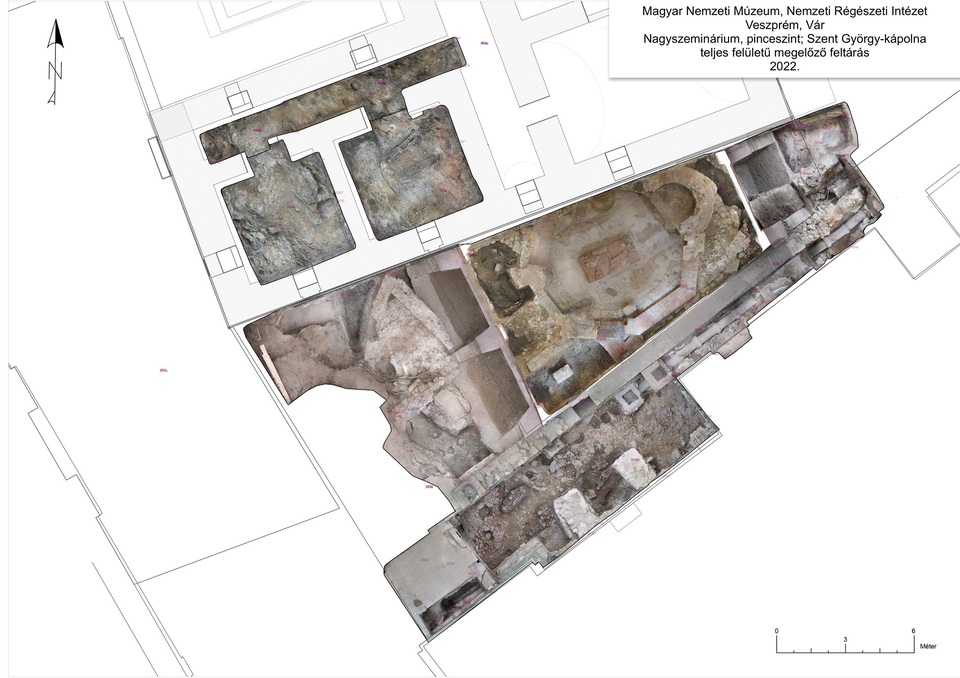 A Szent György-kápolna környékén és a Várhegy északi végében álló Nagyszeminárium pincéjében, 2022-ben végzett teljes felületű, megelőző feltárás alaprajza, Forrás: MNM Nemzeti Régészeti Intézet
