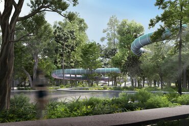 A pécsi aquapark tervpályázat megosztott harmadik díjas terve, MÁS Építészek és Perényi Stúdió, 2022.