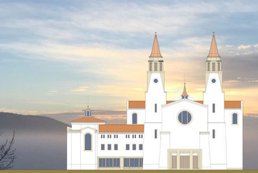 Az új templom főhomlokzata, Forrás: A Gödöllői Premontrei Apátság Facebook oldala, Tervezők: Arche-Accord Kft.