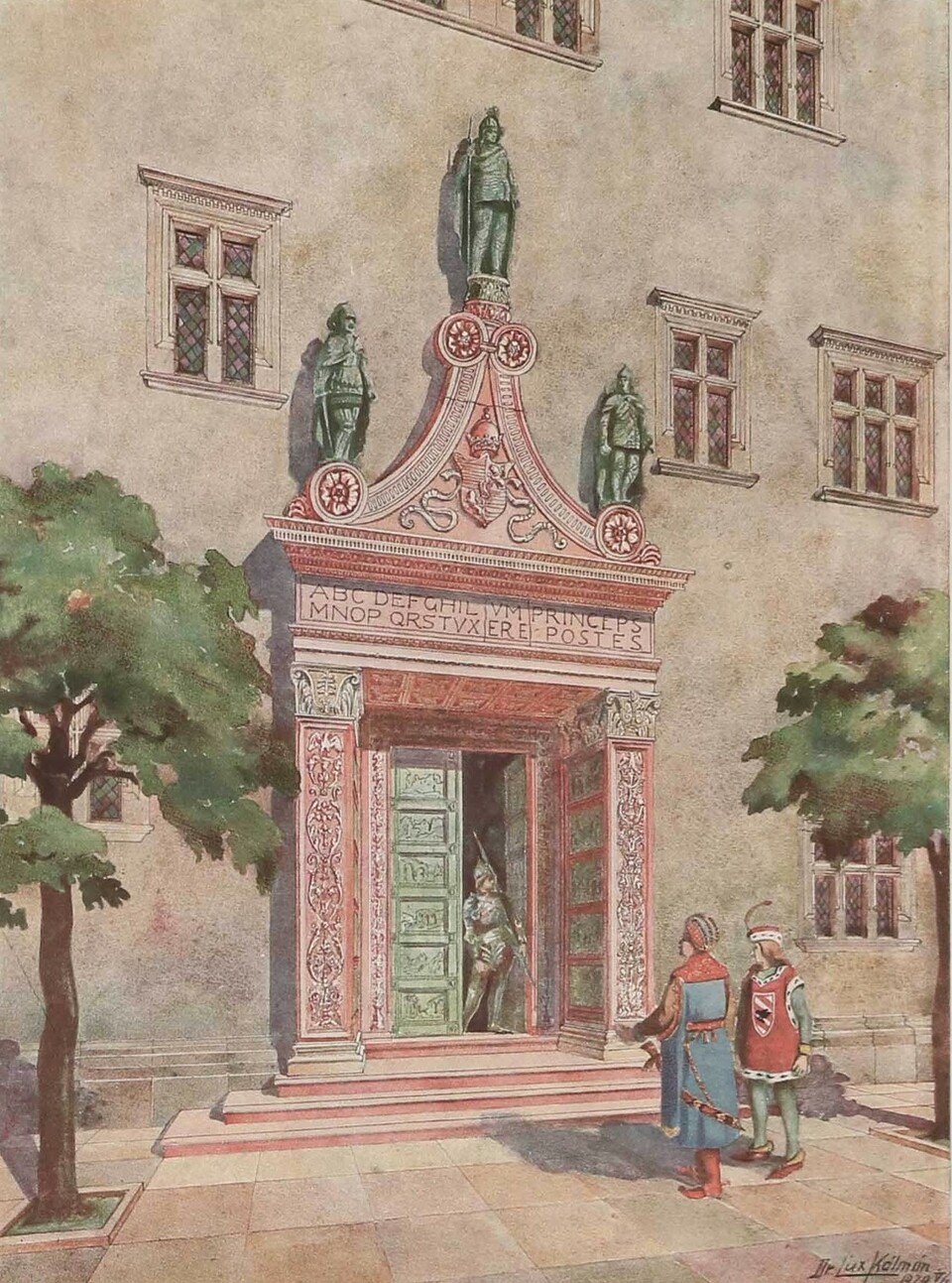 A budai királyi vár belső palotáinak főbejárata, Forrás: Dr. Lux Kálmán: A budai várpalota Mátyás király korában, szerzői kiadás, 1920.