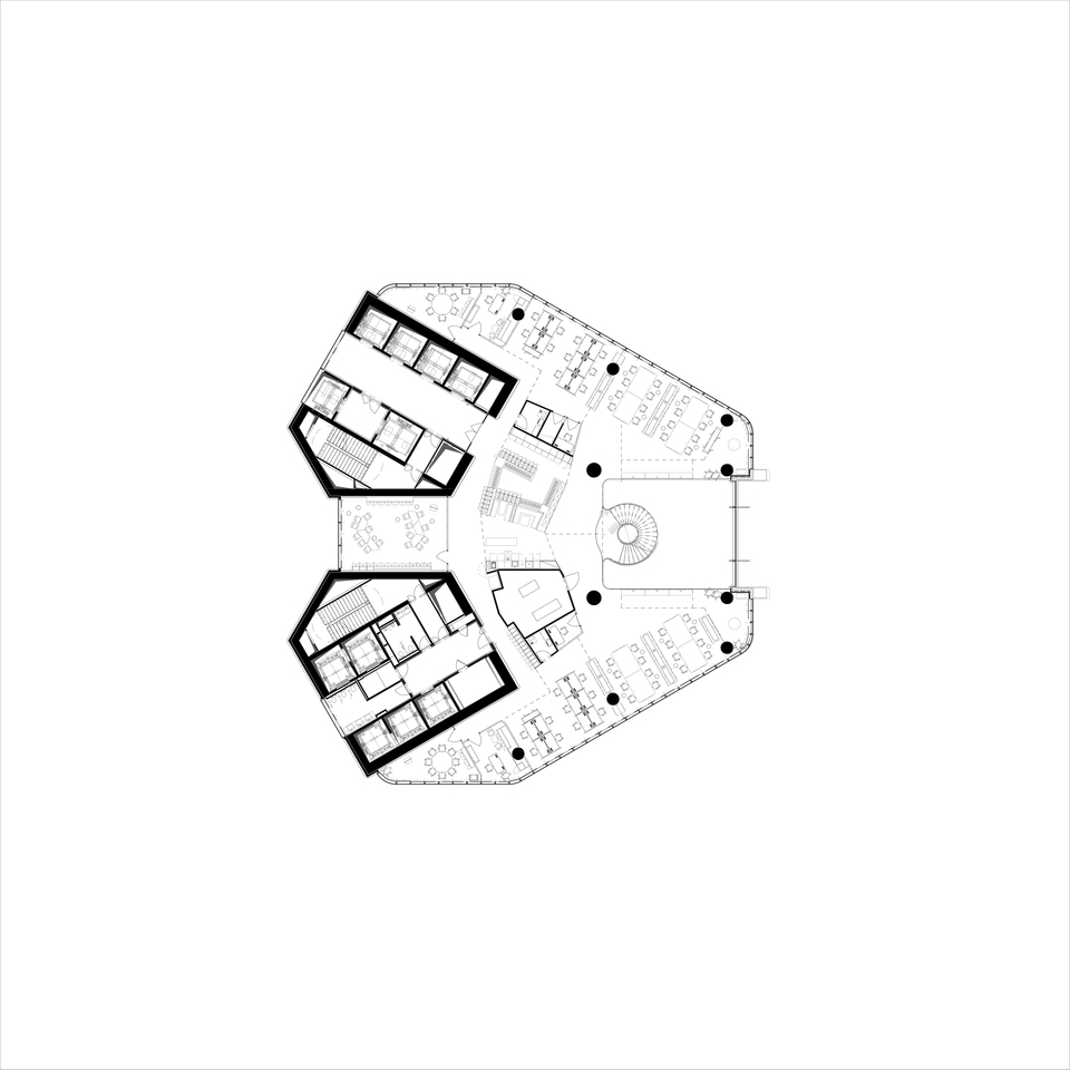 Kilencedik emeleti átnézeti alaprajz - Foster + Partners, KINZO, Finta Stúdió, Minusplus: MOL Campus. Forrás: Finta Stúdió