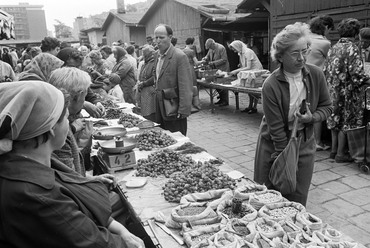 Fehérvári úti piac. Háttérben a Bercsényi utca sarkán álló épület és az Október huszonharmadika (Schönherz Zoltán) utca házsora látszik, 1966. Forrás: Fortepan / ETH Zürich