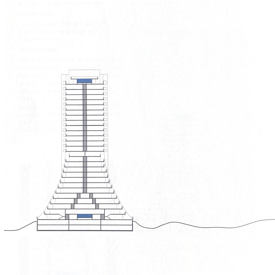 Metszet - Harry Glück, Kurt Hlaweniczka, Thomas Reinthaller és Franz Requa: Alt-Erlaa lakópark. Forrás: szkennelve, Gerhard Steixner; Maria Welzig (Eds.): Luxury for All, Milestones in European Stepped Terrace Housing. 142. oldal.