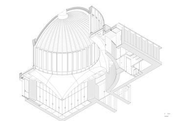 Axonometrikus metszet - Templomkomplexum, James Gorst Architects.