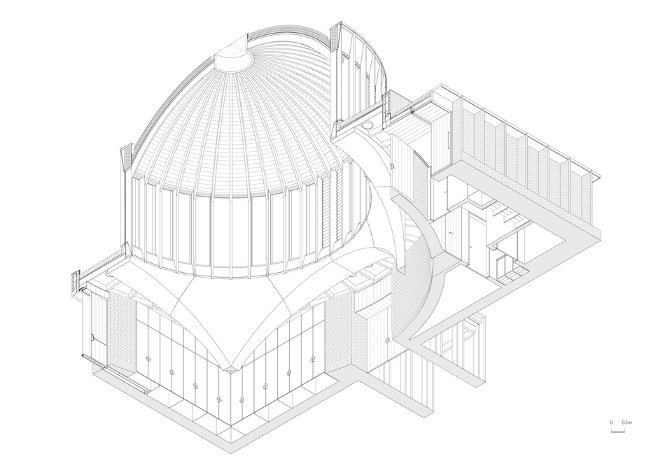 Axonometrikus metszet - Templomkomplexum, James Gorst Architects.
