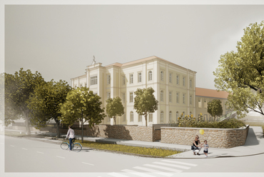 Látványterv a főépület sarkáról – Fülöp Tibor terve a keszthelyi Ranolder-iskola megújításáról szóló tervpályázaton
