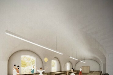A Zsuffa és Kalmár Építész Műterem harmadik díjas terve a Ranolder-iskola pályázatán – Egykori sörház, ebédlő
