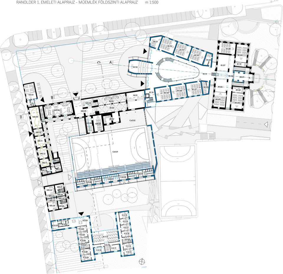 Első emeleti alaprajz – Fülöp Tibor terve a keszthelyi Ranolder-iskola megújításáról szóló tervpályázaton
