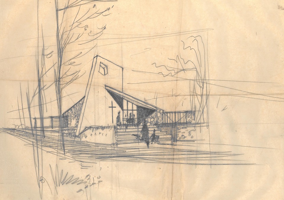 Csaba eredeti rajza a templomról, 1959 körül. Itt még más a kerítés helyzete és a harangfal kialakítása is a megvalósulthoz képest.
