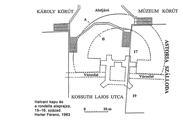 A későközépkori városfalon a Hatvani kapu és rondella a mai Astoria alaprajzára vetítve.

forrás: varlexikon.hu
