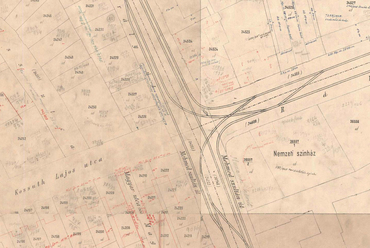 Egy utólagos bejegyzésekkel ellátott 1912-es kataszteri térkép, amin egyrészt a mai állapotának megfelelően ábrázolva van a két szakaszban, 1935-ben és 1939-ben felépült Georgia-bérház, másrészt megelőlegezve a mai állapotot tükrözve van a visszaugratott-lekerekített sarok a Rákóczi út túloldalára.

forrás: maps.arcanum.hu
