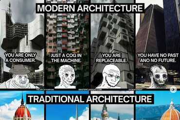 A "modern" és "tradicionális" építészetet szembeállító mém – forrás: Instagram
