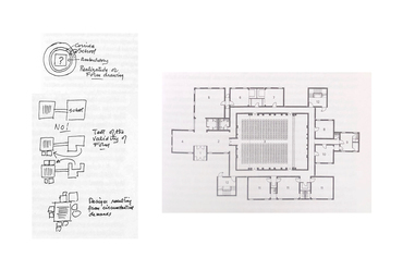 Loius I. Kahn: Unitárius templom, Rochester, New York (1959), Koncepció és terv. Forrás: A mérhető és a mérhetetlen - építészeti írások a huszadik századból, Szerk.: Kerékgyártó Béla (Typotex, 2000)
