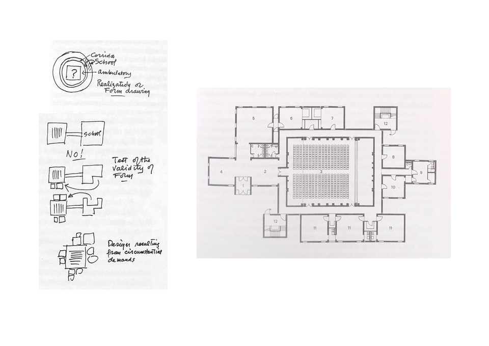 Loius I. Kahn: Unitárius templom, Rochester, New York (1959), Koncepció és terv. Forrás: A mérhető és a mérhetetlen - építészeti írások a huszadik századból, Szerk.: Kerékgyártó Béla (Typotex, 2000)
